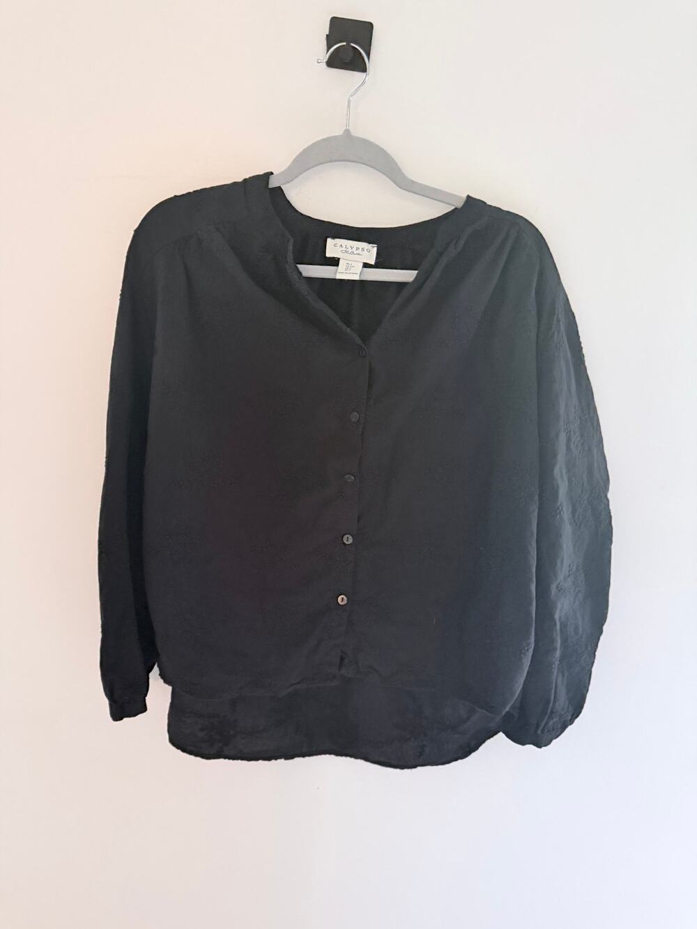 Calypso St. Barth Black Floral Embroidered V-Neck 100% Cotton Blouse-Size Small